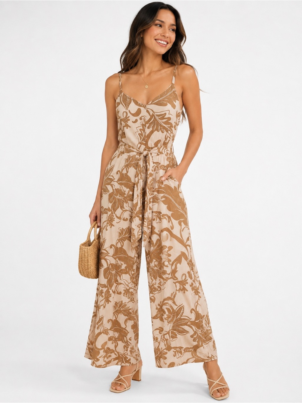 MSK Cream & Brown Tropical Print Tie-Front Jumpsuit – Size Small – NWT